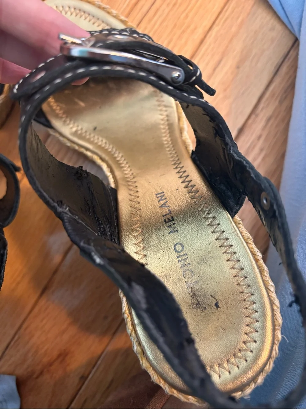 ANTONIO MELANI Y2K Black Leather Double-Buckle Espadrille Wedges Size 8 Brazil